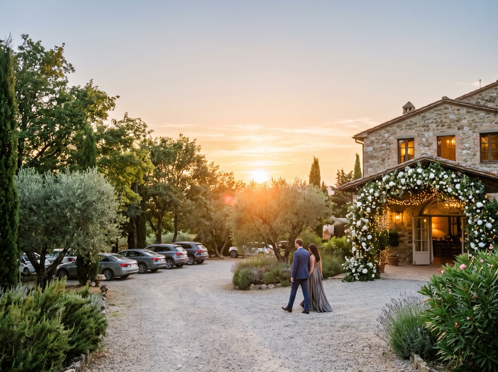 Guests walking from the parking to the venue entrance under a flower arch at sunset